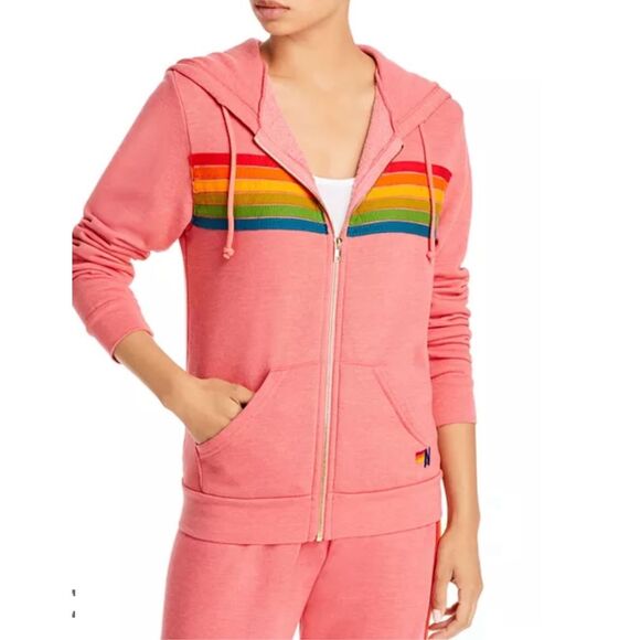 Aviator Nation Mauve Pink Classic Striped Full Zip Hoodie Sweatshirt Women's M - Picture 1 of 13